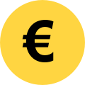 Črn simbol evra (€) na rumeni okrogli podlagi.