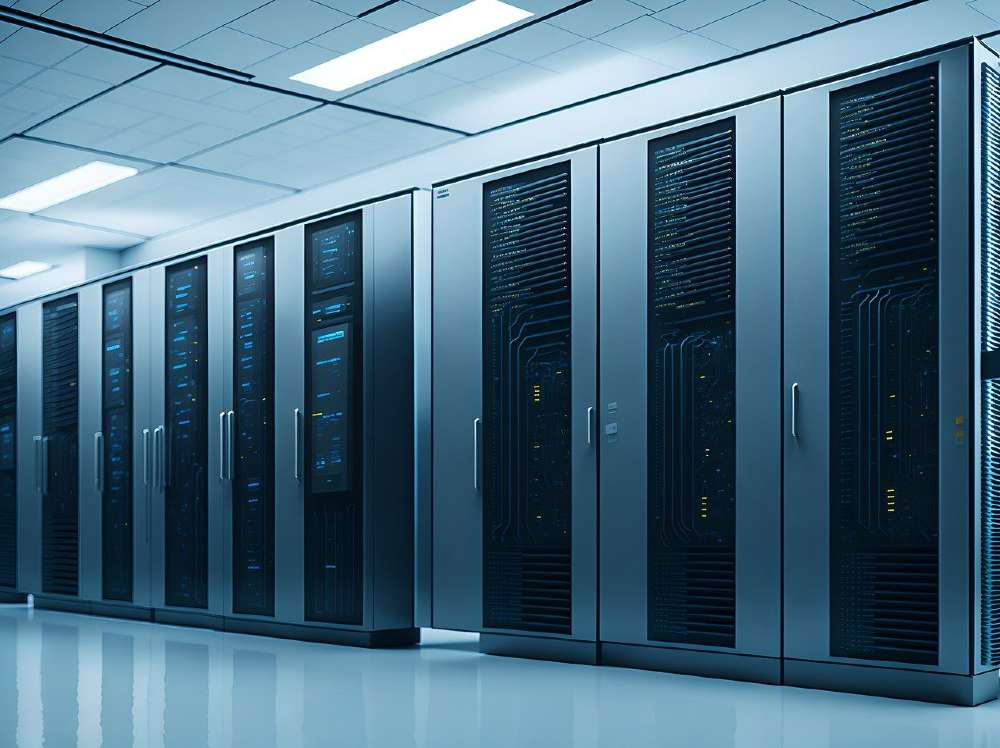 Vrsta strežniških omar v podatkovnem centru z vidno notranjostjo in odsevnimi tlemi.